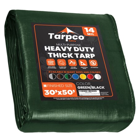 Tarpco Safety Heavy Duty Tarp, 50 ft L x 0.5 mm H x 30 ft W, 14 Mil, Green/Black, Polyethylene TS-103-30X50